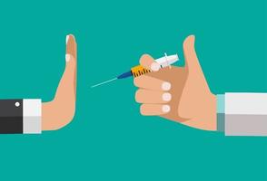 rechazando el concepto de vacuna. La mano del médico ofrece medicamentos, pero el paciente se niega. ilustración vectorial vector
