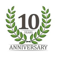 Plantilla de aniversario de 10 años con cinta roja y corona de laurel ilustración vectorial vector