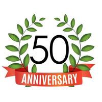 50 Years Anniversary Template with Red Ribbon and Laurel wreath Vector Illustration