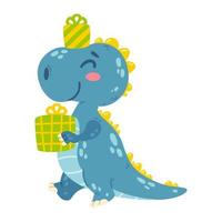 Cute little dinosaur carries gifts. Dragon goes to the happy birthday party with presents. Character for the design of posters, postcards, clothing. Picture for kid. Isolated vector illustration.