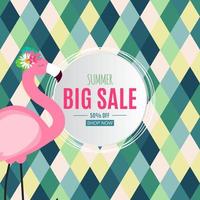 Abstract Summer Sale Background with Palm Leaves, Watermelon, Ice Cream and Flamingo. Vector Illustration