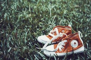 lindos pequeños zapatos de lona rojos en la hierba foto