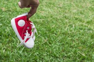 lindos pequeños zapatos de lona rojos en la hierba foto
