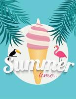 Abstract Summer Time Background with Flamingo and Toucan. Vector Illustration