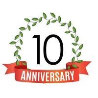 10 Years Anniversary Template with Red Ribbon and Laurel wreath Vector Illustration