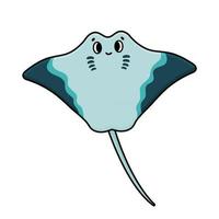 Vector cartoon outline blue Common Ray stingray from ocean, sea or aquarium. Doodle Animal is isolated on white background