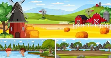 Outdoor panoramic landscape scenes set with cartoon character vector