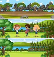 Different nature landscape scene set with cartoon character vector