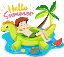 Hello Summer font with a boy and beach items isolated vector