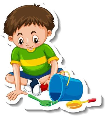 Sticker template with a boy playing with his toys isolated