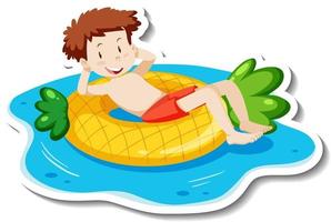 A sticker template with a teenager boy laying on swimming ring vector