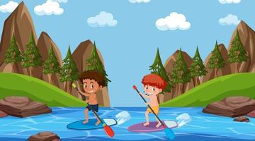 Escena del bosque con niños en tabla de surf en el río. vector
