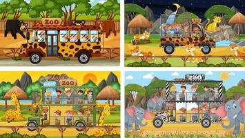 Conjunto de diferentes animales en escenas de safari con niños. vector