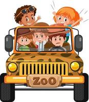 Concepto de zoológico con grupo de niños en el coche aislado sobre fondo blanco.