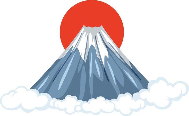 Mount Fuji with Red Sun in cartoon style isolated on white background