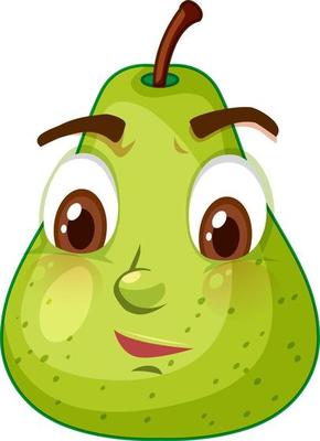 Green pear cartoon character with confused face expression on white background