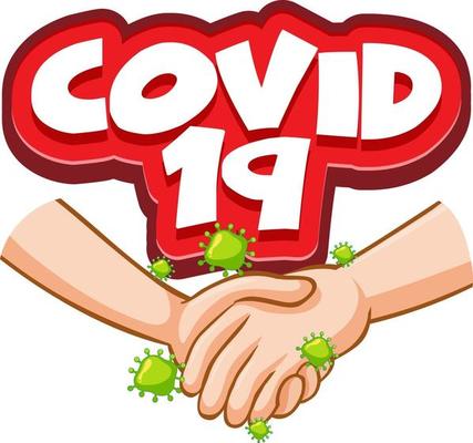 Covid-19 font design with virus spreads from shaking hands on white background