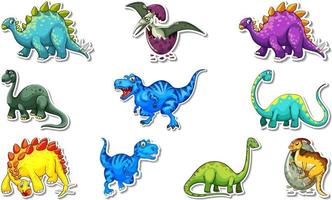 Sticker set with different types of dinosaurs cartoon characters vector