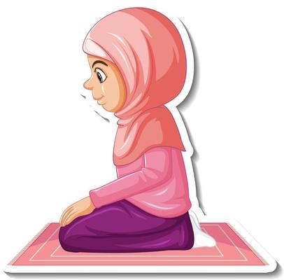 A sticker template with Muslim girl sitting on rug and praying