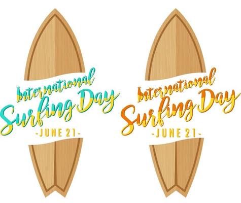 International Surfing Day font with surfboard banner isolated