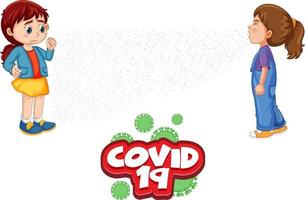 Diseño de fuente covid-19 con dos niños manteniendo la distancia social aislada sobre fondo blanco. vector