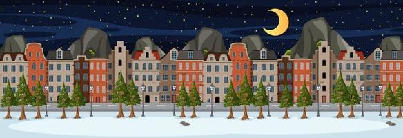 Winter horizontal scene at night time with suburban building background vector