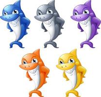 Set of many smiling cute shark cartoon character isolated on white background vector