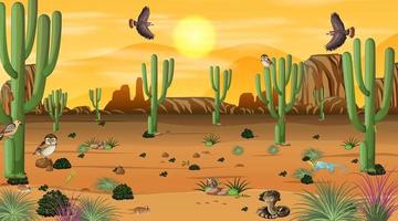 Desert forest landscape at sunset scene with desert animals and plants vector