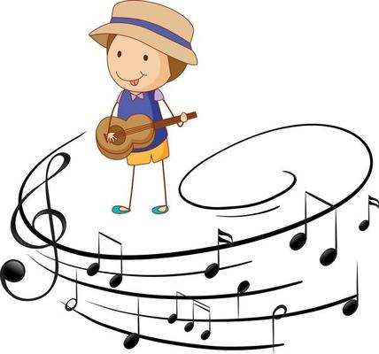 Cartoon doodle a boy playing guitar or ukulele with melody symbols