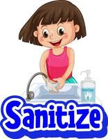 Sanitize font in cartoon style with a girl washing hands on white background vector