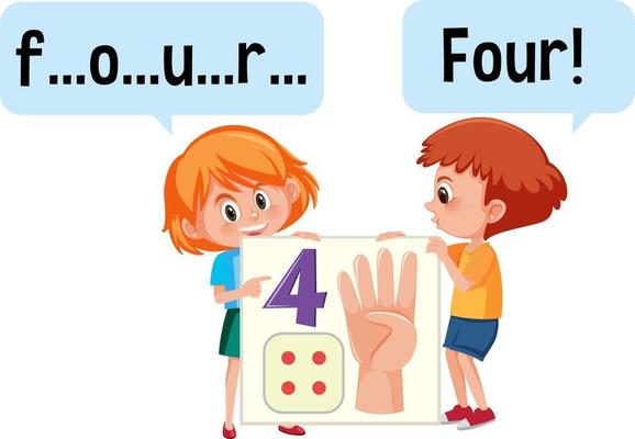 Cartoon character of two kids spelling the number four