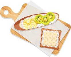 Bruschetta con cobertura de kiwi y plátano en el fondo de la mesa vector