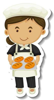 Sticker template with a baker girl holds baked tray isolated