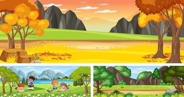 Set of different outdoor landscape scenes with cartoon character vector