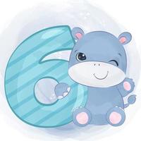 Cute hippo with number in watercolor illustration vector