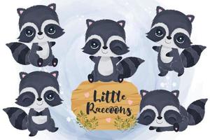 Cute raccoons collection in watercolor