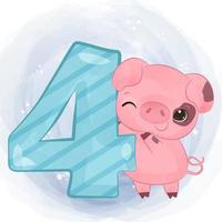 Cute pig with number in watercolor illustration vector