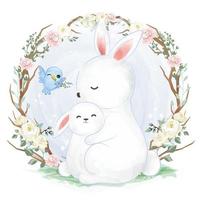 Cute mom and baby bunny in watercolor illustration vector