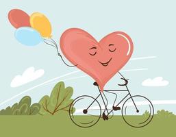 Cartoon cute character heart rides a bicycle in the park and holds air balloons. Children's vector illustration for cards, invitations and other design