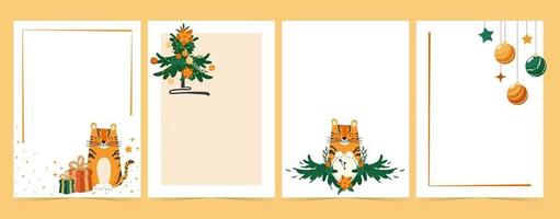 A set of New Year and Christmas backgrounds for children's cards, sheets and to do list. Cartoon tiger and christmas tree with decorations vector illustration collection