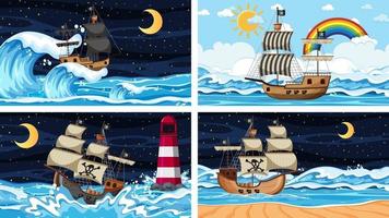 Set of different beach scenes with pirate ship vector