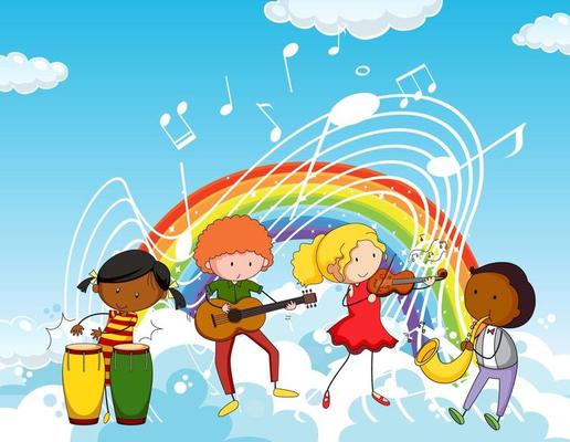 Happy kids with music melody symbols in the sky with rainbow