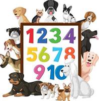 Number 0 to 9 on banner with many different types of dogs vector