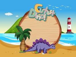 Escena de playa con plantilla de tablero vacío y lindo personaje de dibujos animados de dinosaurio vector