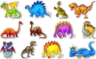 Sticker set with different types of dinosaurs cartoon characters vector