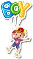 Sticker template with a boy holding many balloons isolated vector