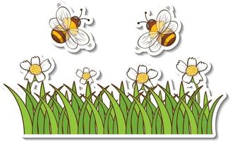 Many honey bees flying above grass field sticker vector