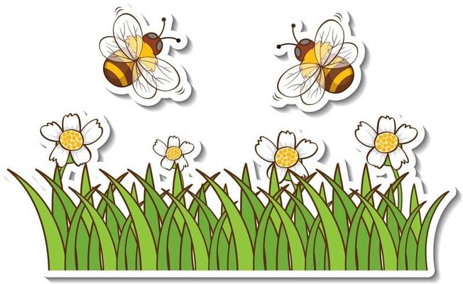 Many honey bees flying above grass field sticker