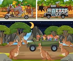 Different safari scenes with animals and kids cartoon character vector