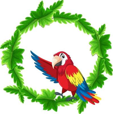 Round green leaves banner template with a parrot bird